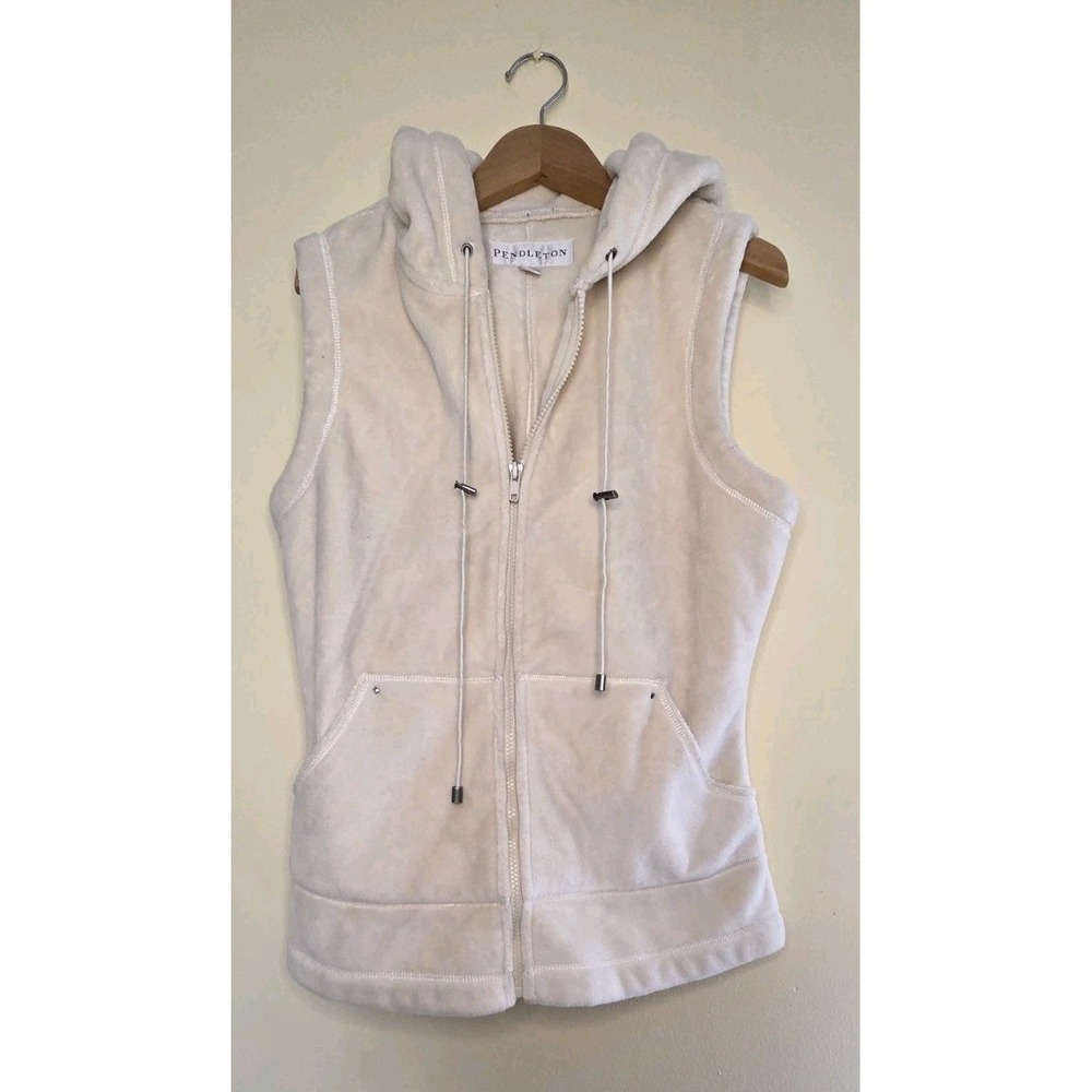 Pendleton Velour Hooded Vest Women's MED Cream Extra Soft Drawstring